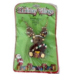 Holiday Village Pin & Earring Jewelry Set Bears Christmas Hand Painted NEW